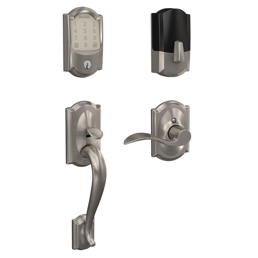 Camelot Satin Nickel Encode Smart Wi-Fi Deadbolt with Alarm and Camelot Handle Set with Accent Lever with Camelot Trim