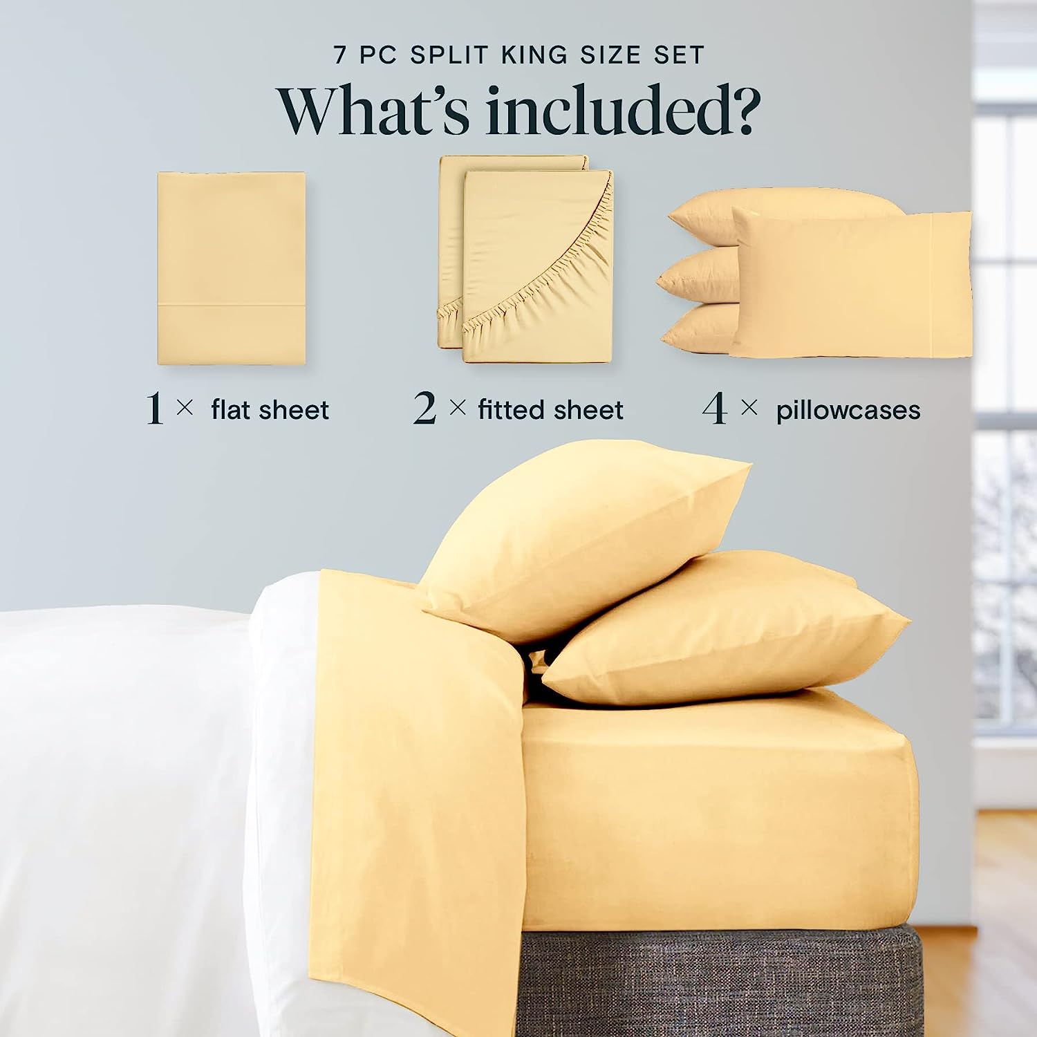 LuxClub 7 PC Split King Sheet Set Bamboo Sheets Deep Pockets 18" Eco Friendly Wrinkle Free Cooling Sheets Machine Washable Hotel Bedding Silky Soft - Butter Split King