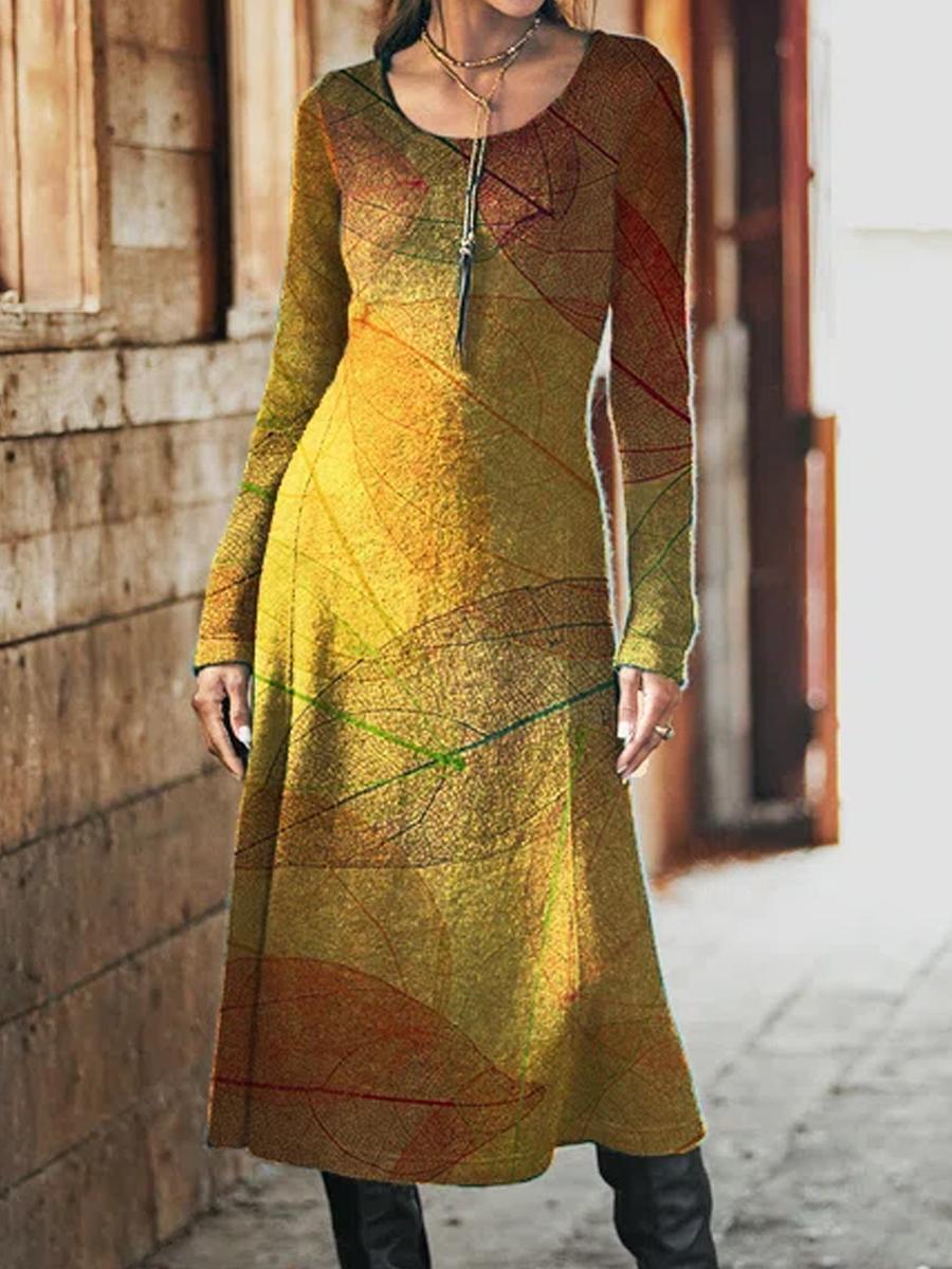 Casual Leaf Print Crew Neck Long Sleeves Maxi Dress