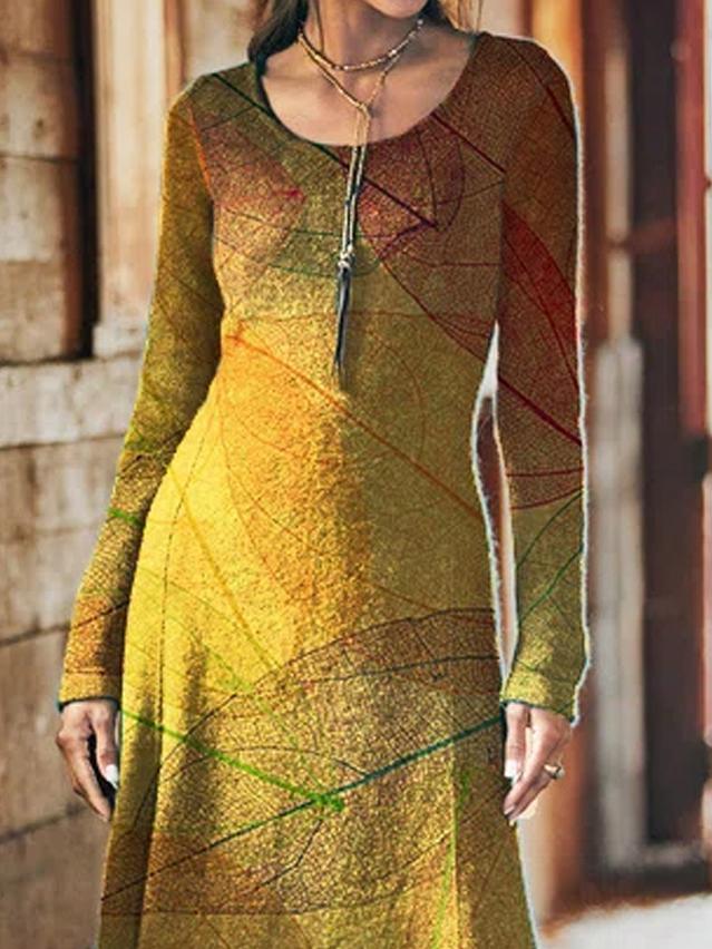 Casual Leaf Print Crew Neck Long Sleeves Maxi Dress