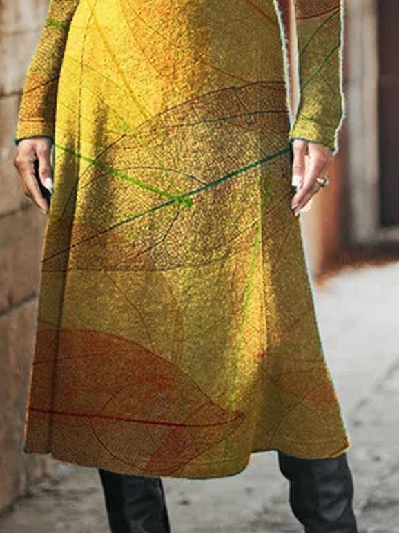 Casual Leaf Print Crew Neck Long Sleeves Maxi Dress