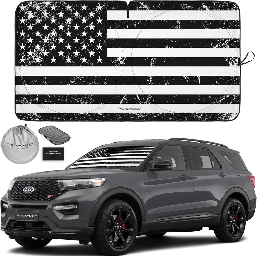 Autoamerics 1-Piece Windshield Sun Shade Grunge B&amp;W American Flag USA  - Foldable Car Front Window Sunshade for Most Sedans SUV Truck - Blocks Max UV Rays and Keeps Your Vehicle Cool - Medium
