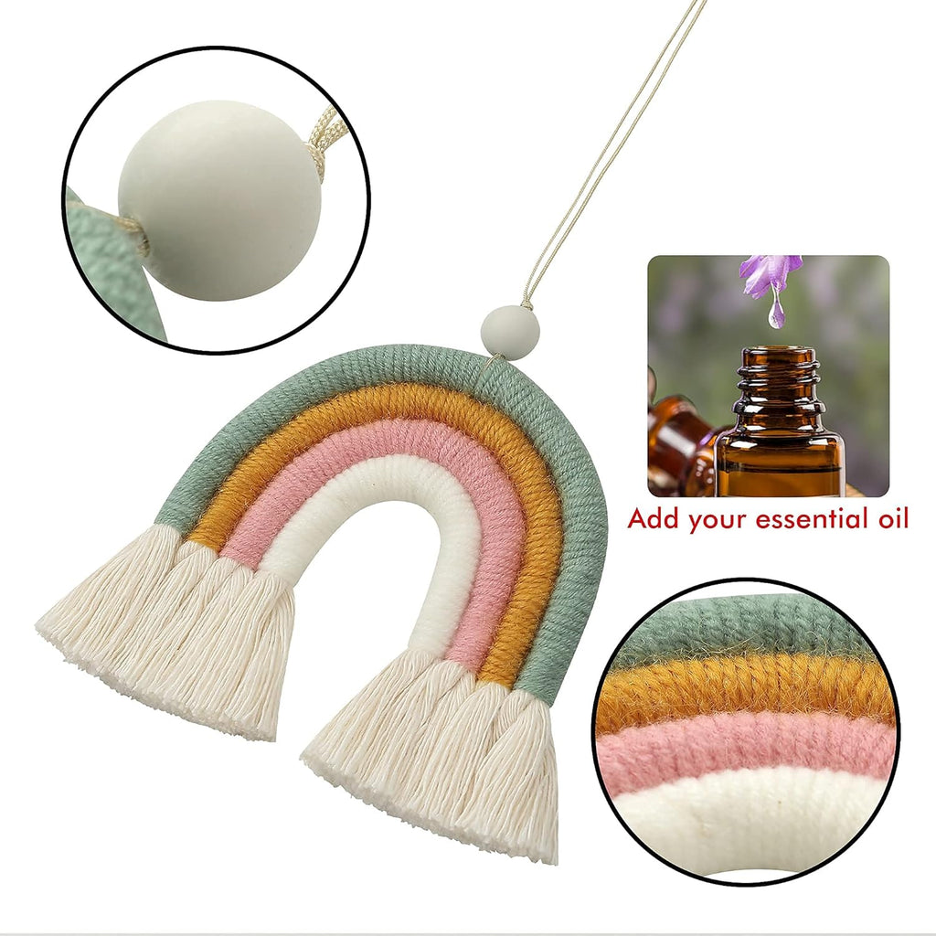 BOHO GARDEN Macrame Bohemian Rainbow Charm - Essential Oil Diffuser for Cars, Baby Nursery, Children’s Bedroom &amp; Home Decor - Decorative Hanging Air Freshener &amp; Accessories - Spring