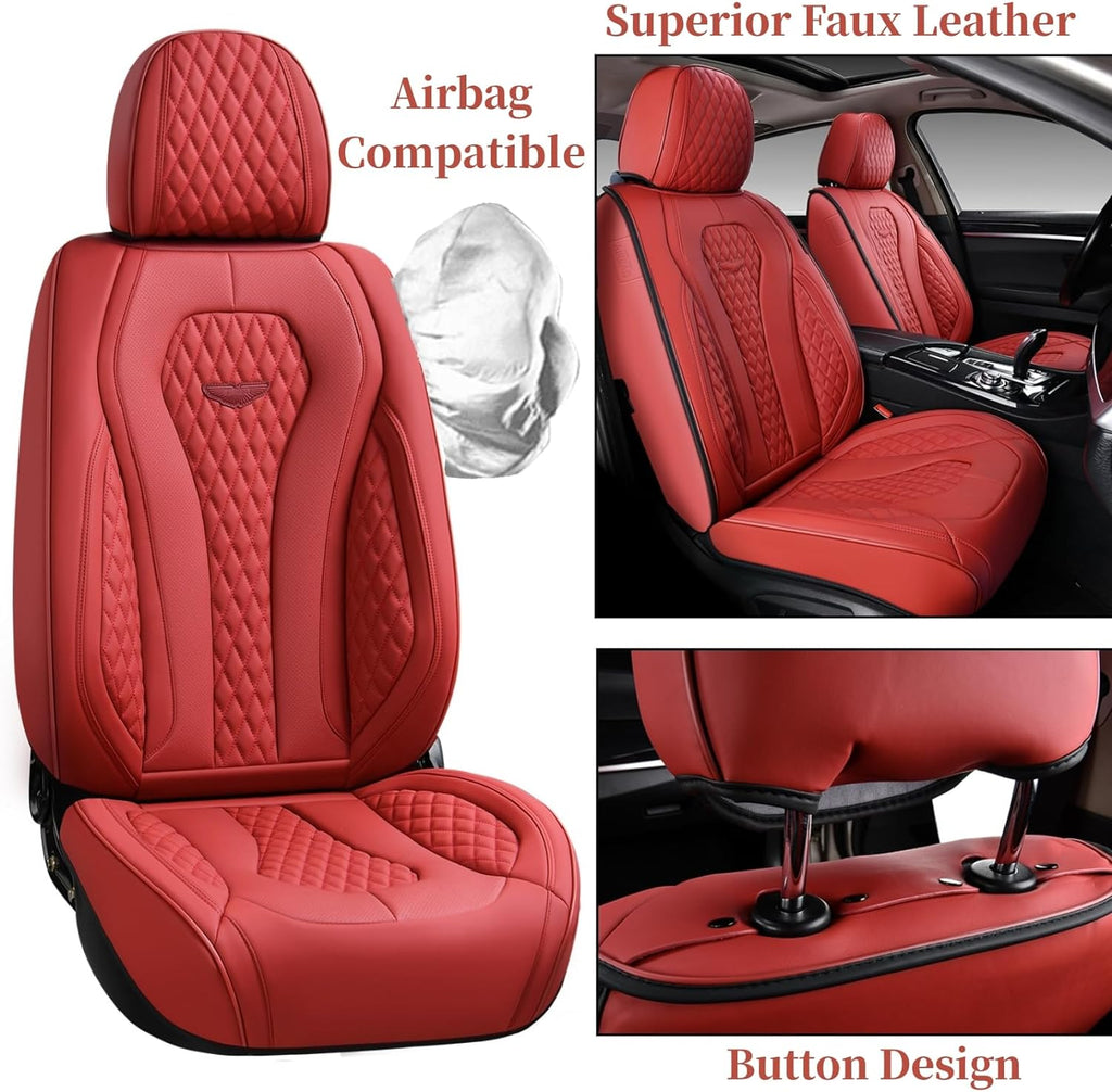 Coverado Leather Seat Covers Full Set, 5 Seats Universal Seat Covers for Cars, Waterproof Luxury Leatherette Seat Cushions, Front and Rear Seat Protectors, Auto Seat Covers Fit for Most Vehicles Red