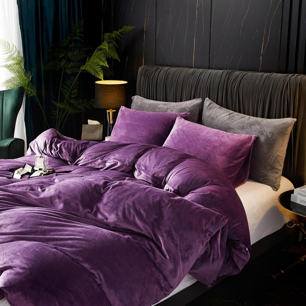 Ivellow Velvet Duvet Cover Queen Purple Velvet Queen Duvet Cover Comforter Cover 3Pcs Ultra Soft Duvet Cover Breathable Solid Luxury Flannel Velour Duvet Cover Zipper Closure Corner Tie