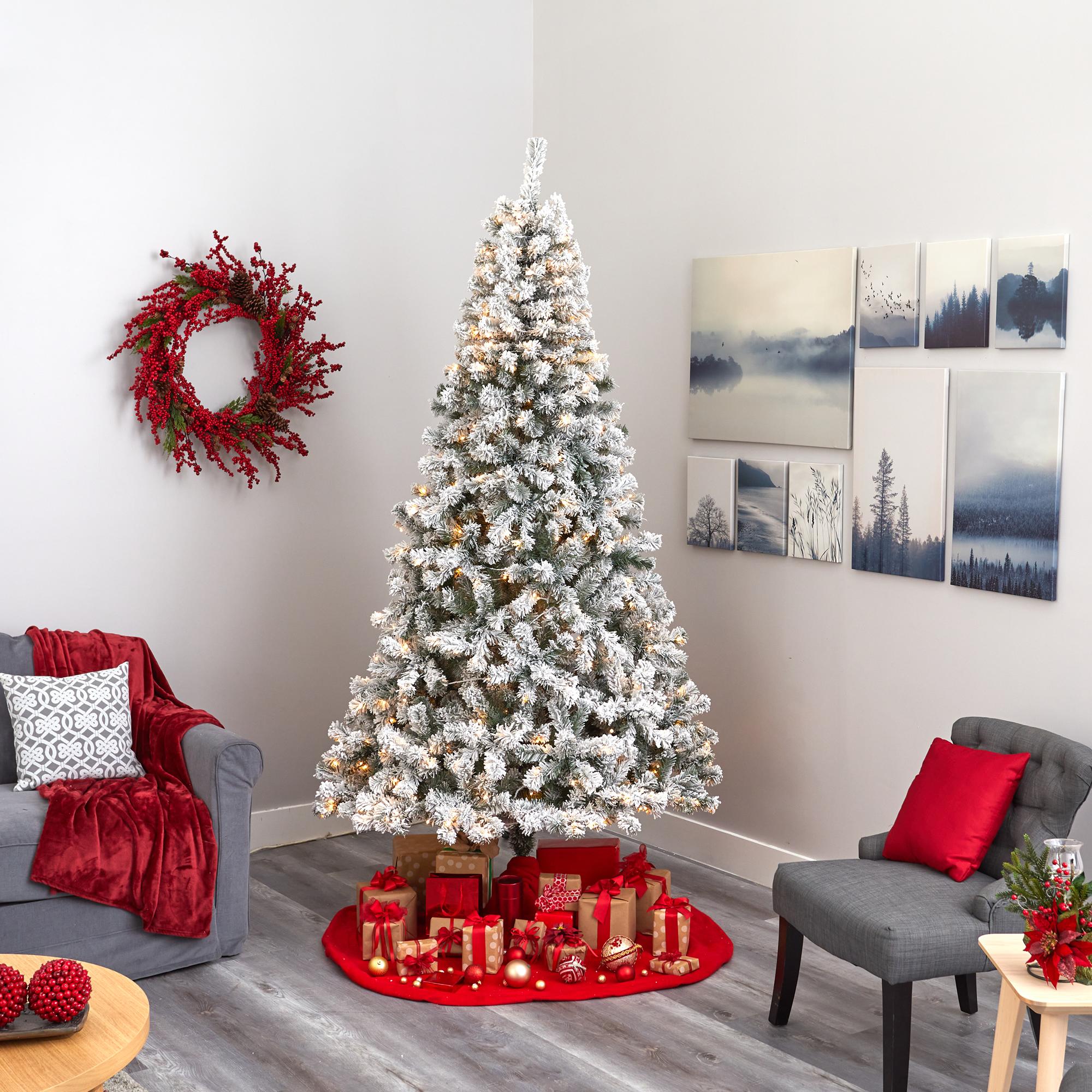 Nearly Natural 8' Green Flocked Fir Artificial Christmas Tree Prelit 500 Clear LED Lights