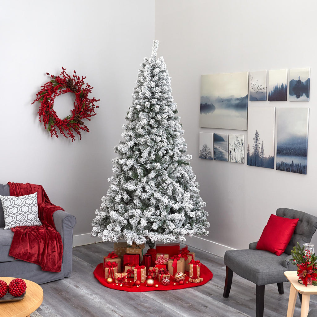 Nearly Natural 8' Green Flocked Fir Artificial Christmas Tree Prelit 500 Clear LED Lights