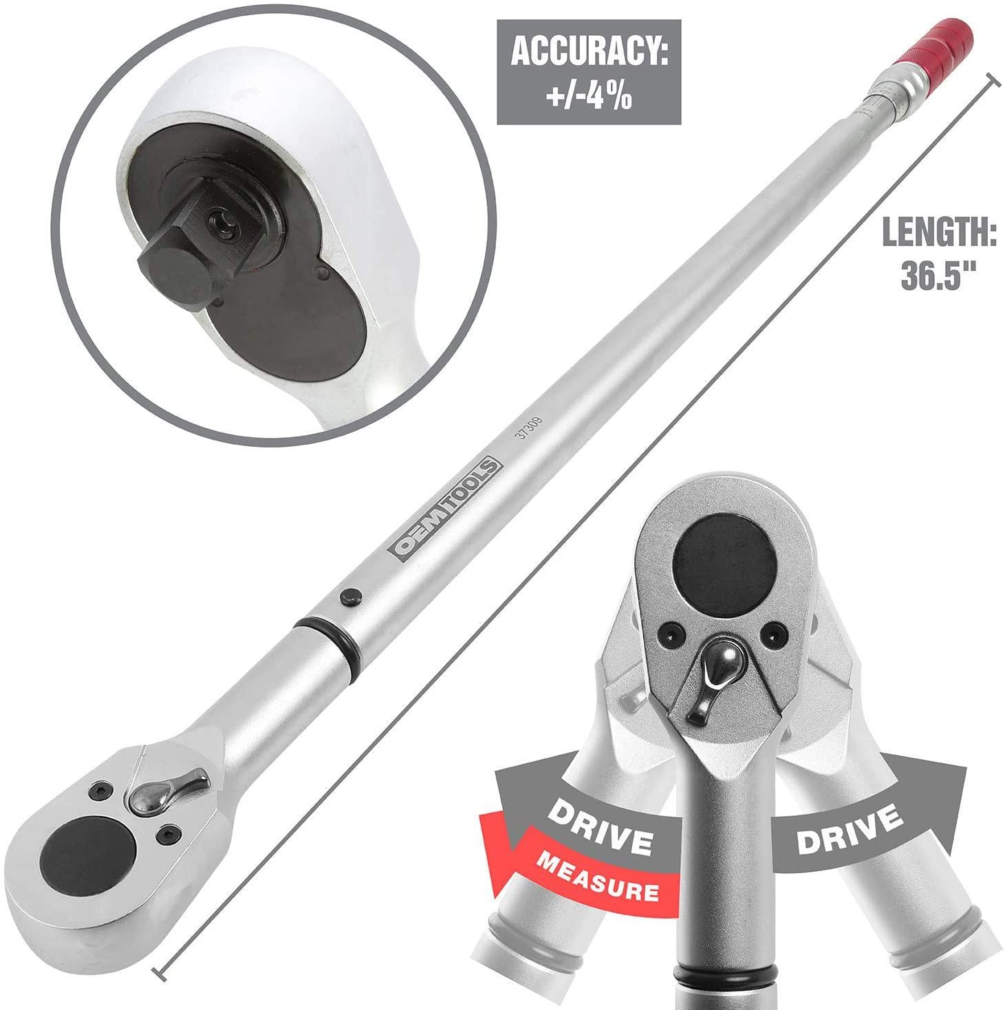OEMTOOLS 37309 3/4” Drive Click-Style Torque Wrench, 40 Long, 85-410 Ft-Lb (115.24-555.89 Nm), Foot Pound &amp; Newton Meter Scales, Accurate to +/- 4%, Steel Body with Knurled Aluminum Handle
