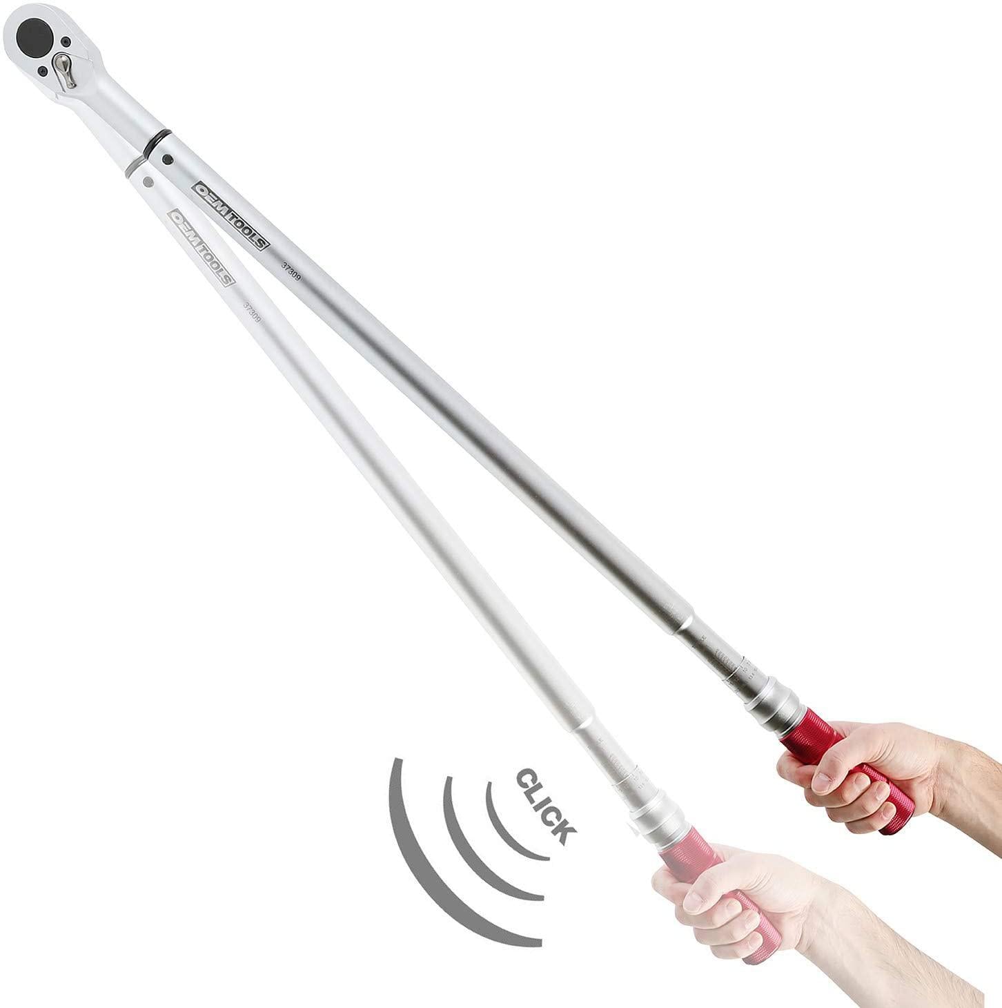 OEMTOOLS 37309 3/4” Drive Click-Style Torque Wrench, 40 Long, 85-410 Ft-Lb (115.24-555.89 Nm), Foot Pound &amp; Newton Meter Scales, Accurate to +/- 4%, Steel Body with Knurled Aluminum Handle