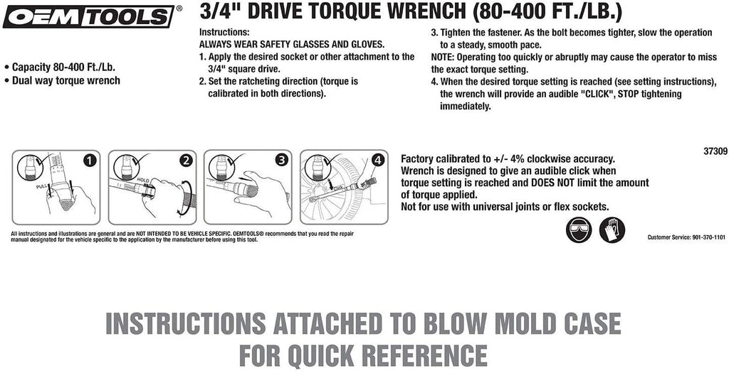 OEMTOOLS 37309 3/4” Drive Click-Style Torque Wrench, 40 Long, 85-410 Ft-Lb (115.24-555.89 Nm), Foot Pound &amp; Newton Meter Scales, Accurate to +/- 4%, Steel Body with Knurled Aluminum Handle