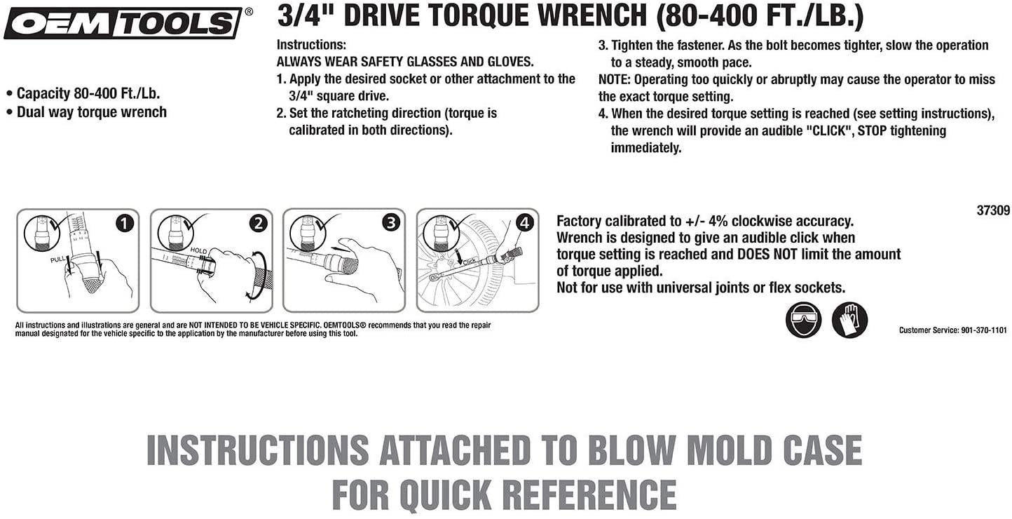 OEMTOOLS 37309 3/4” Drive Click-Style Torque Wrench, 40 Long, 85-410 Ft-Lb (115.24-555.89 Nm), Foot Pound &amp; Newton Meter Scales, Accurate to +/- 4%, Steel Body with Knurled Aluminum Handle