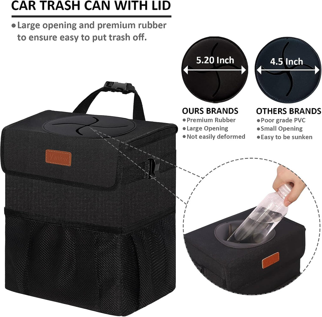 Vankor Car Trash Can for Car Cute, Car Trash Bag Bin Hanging Waterproof Automotive Car Garbage Cans Leak Proof Vehicle Trash Can Black