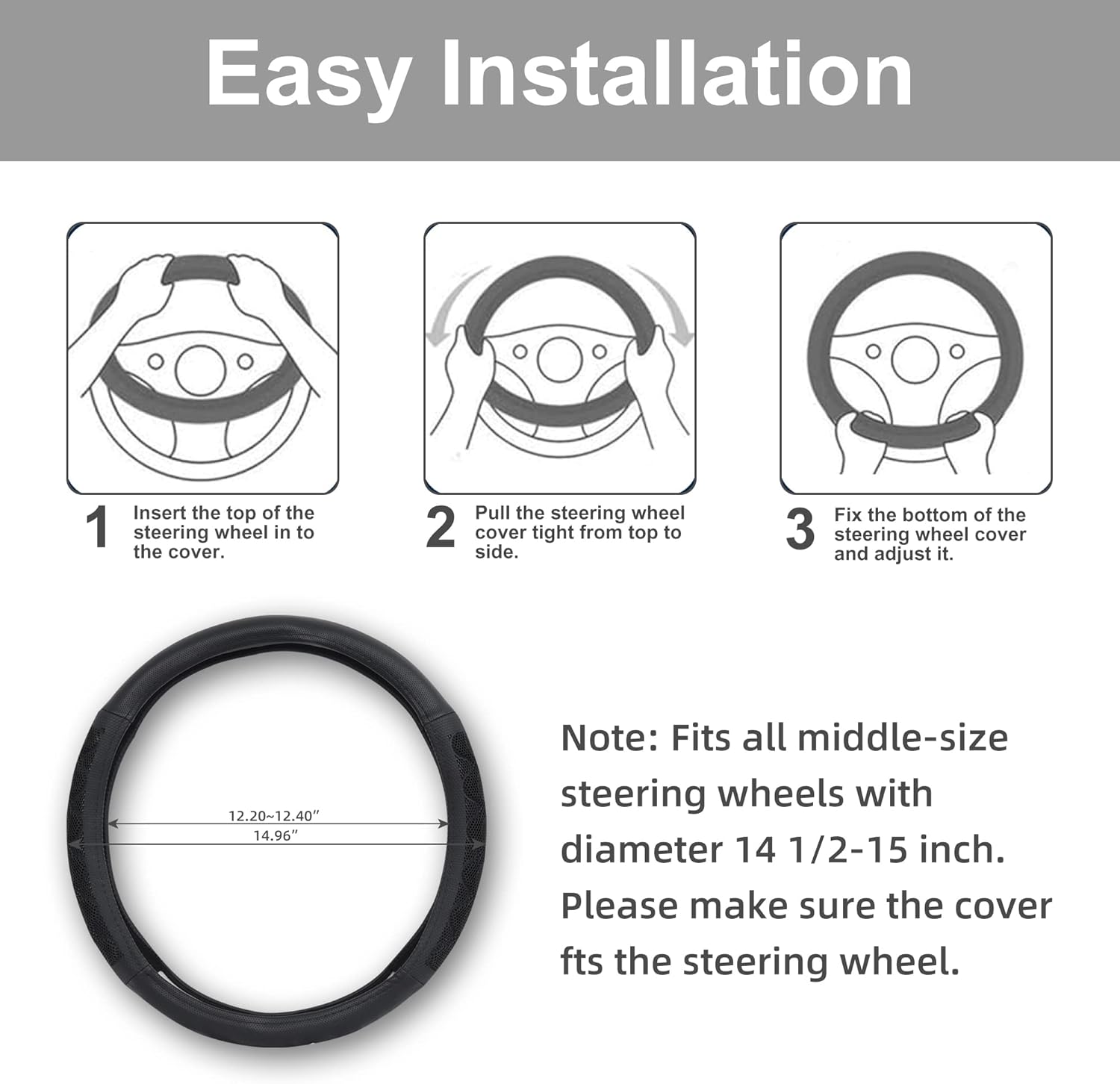 Elantrip 14 1/2"-15" Steering Wheel Cover, Universal, Black 3D Honeycomb Comfortable Grip