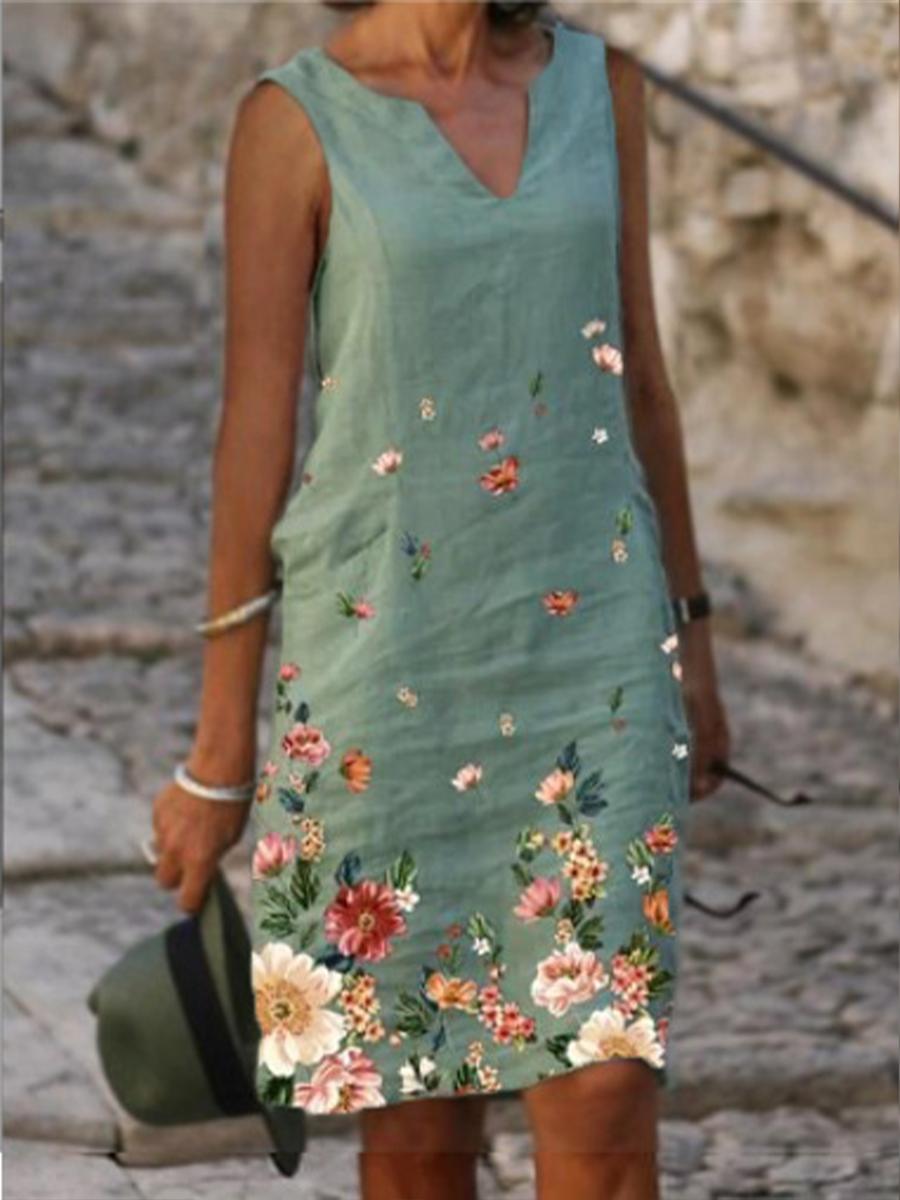 Fashion V-neck Printed Sleeveless Dress