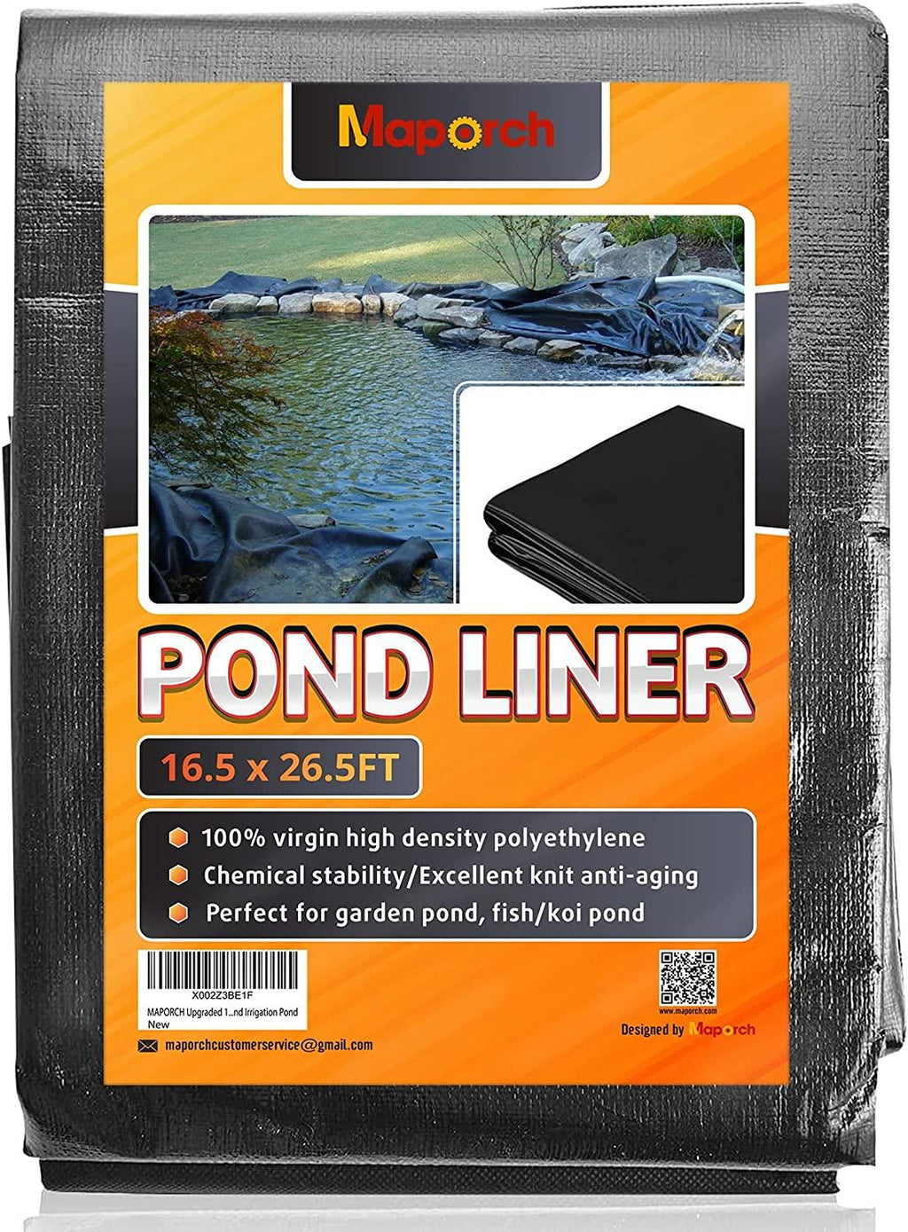 MAPORCH Upgraded 16.5 x 26.5FT Reinforced Polyethylene Fish Pond Liner with 24 Mils Thickness, Black Pond Skins Liner for Fish Koi Pond, Garden Pool and Irrigation Pond