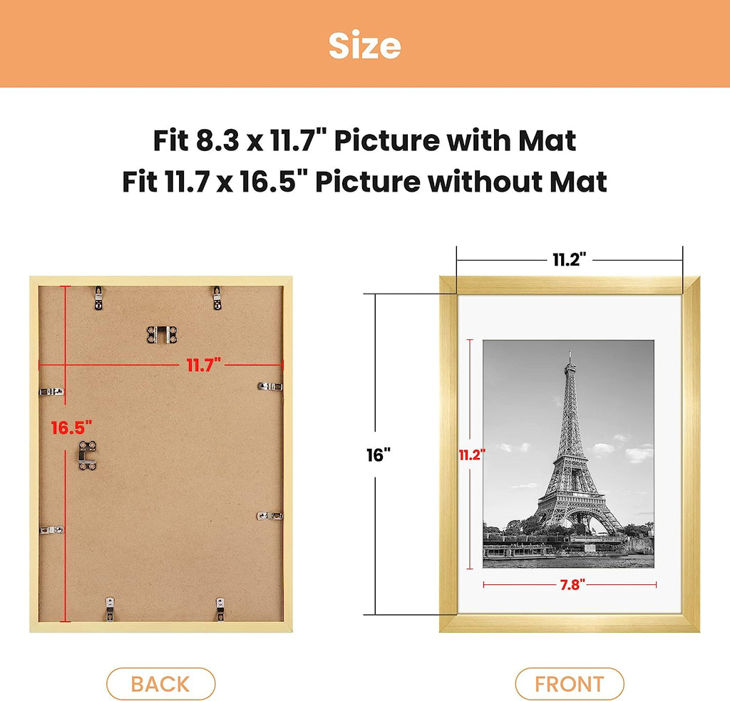 upsimples A3 Picture Frame Set of 5, Display Pictures 8.3x11.7 with Mat or 11.7x16.5 Without Mat, Wall Gallery Poster Frames, Gold