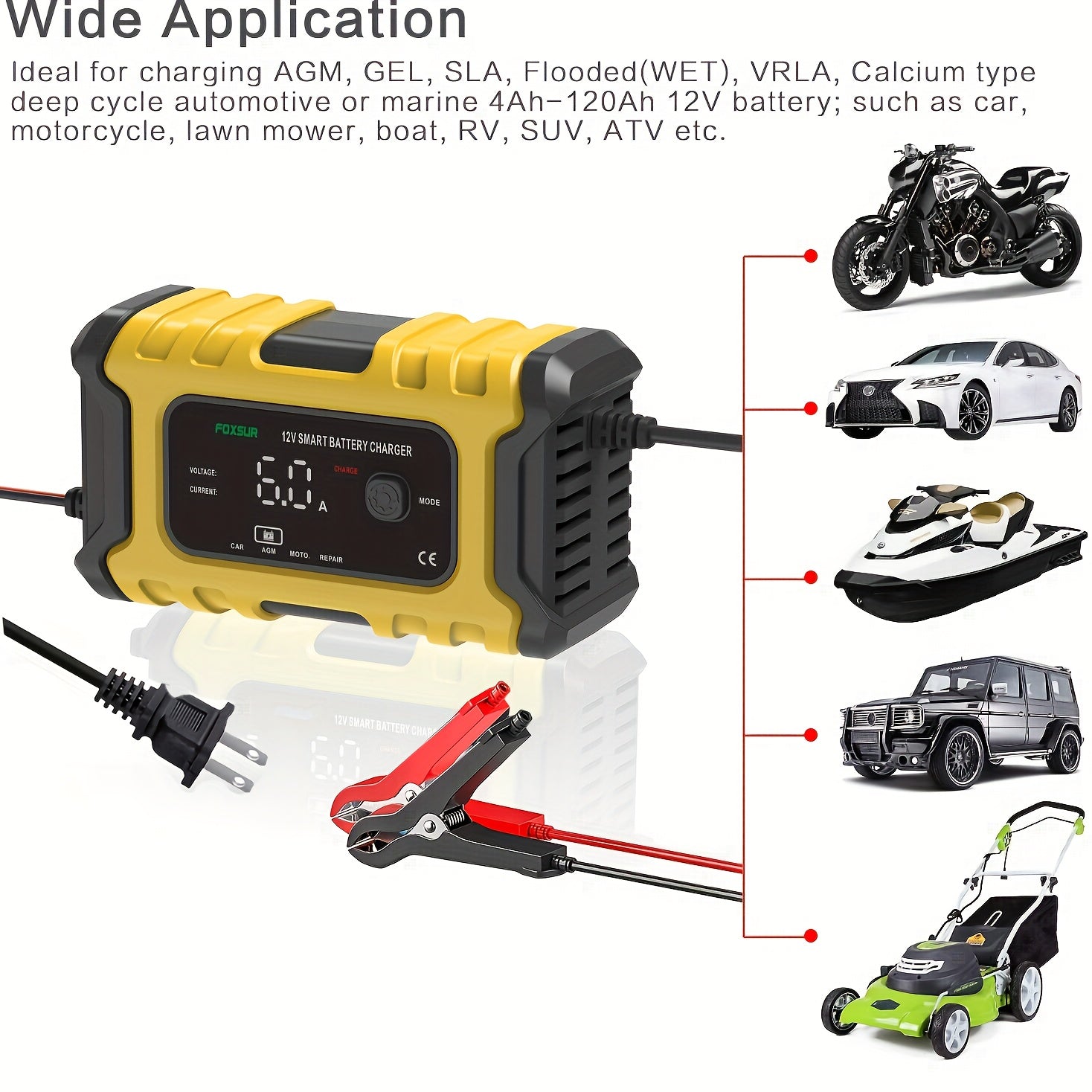 1pCar Battery Charger 12V 6A Smart Battery Trickle Charger Automatic Battery Maintainer Desulfator For Car Moto Lawn Mower Marine Lead Acid Batteries