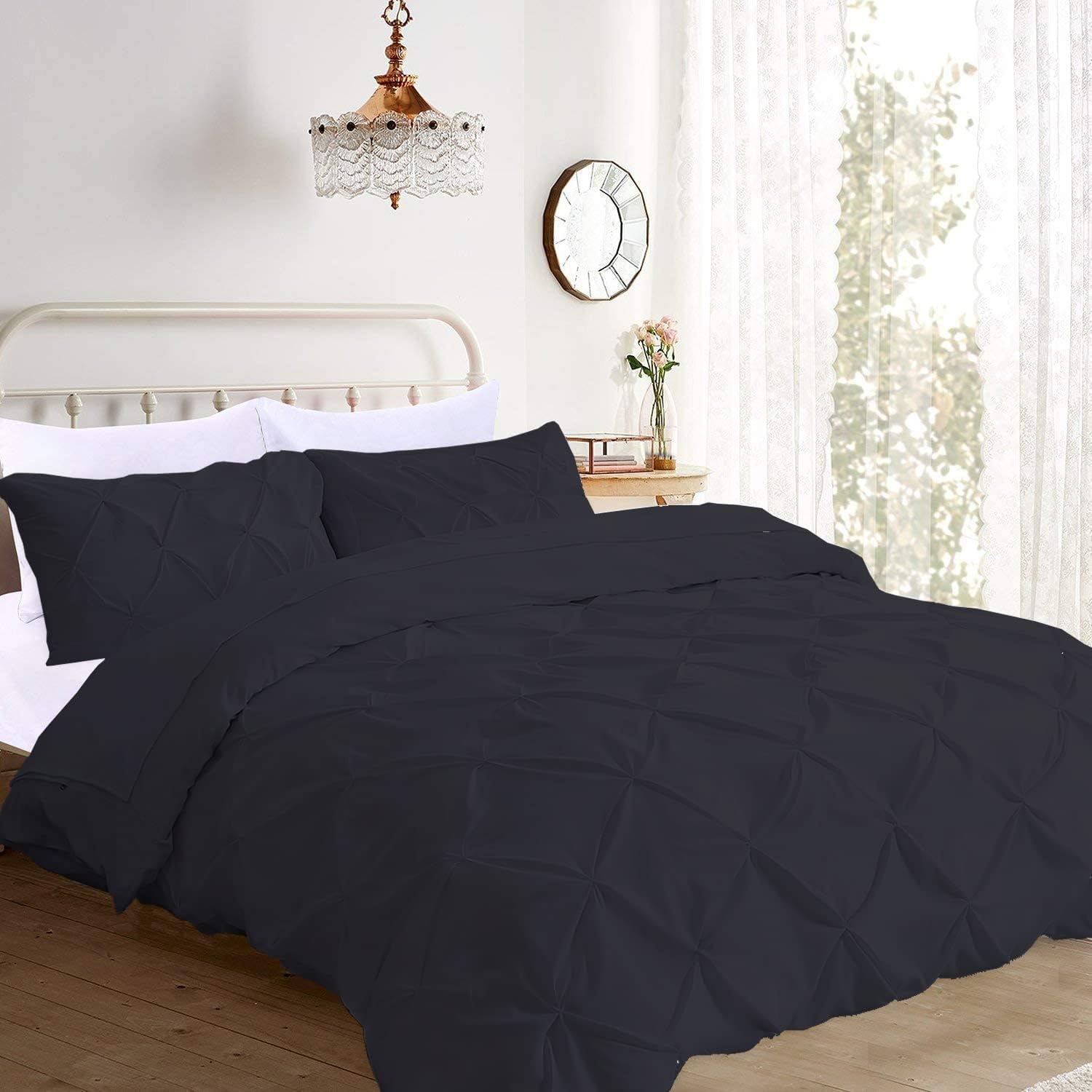 Pinch Pleated Duvet Cover 1 Piece Egyptian Cotton 800 Thread Count Box Pintuck with Zipper Closure &amp; Corner Ties Duvet Cover, Super King (116" x 98") Black Solid