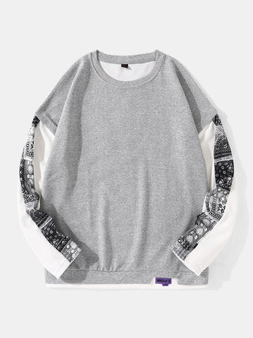 mens texture paisley print stitching sweatshirt casual pullover two pieces outfits