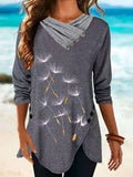 Fashionable Dandelion Print Pile Neck Long Sleeve Casual T-shirt