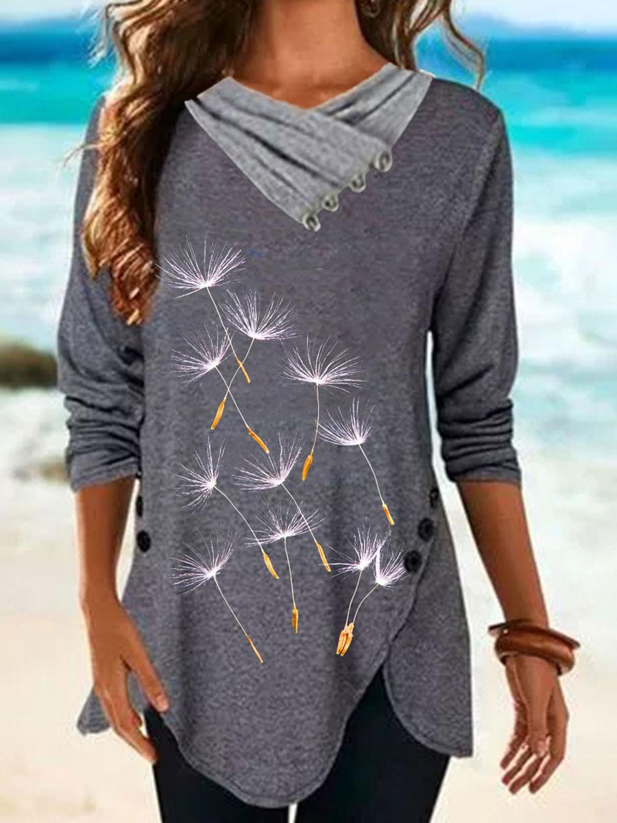 Fashionable Dandelion Print Pile Neck Long Sleeve Casual T-shirt