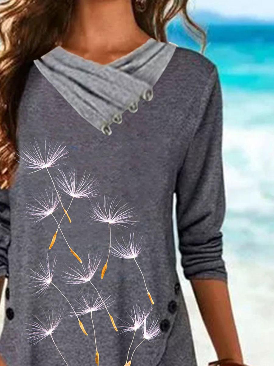Fashionable Dandelion Print Pile Neck Long Sleeve Casual T-shirt