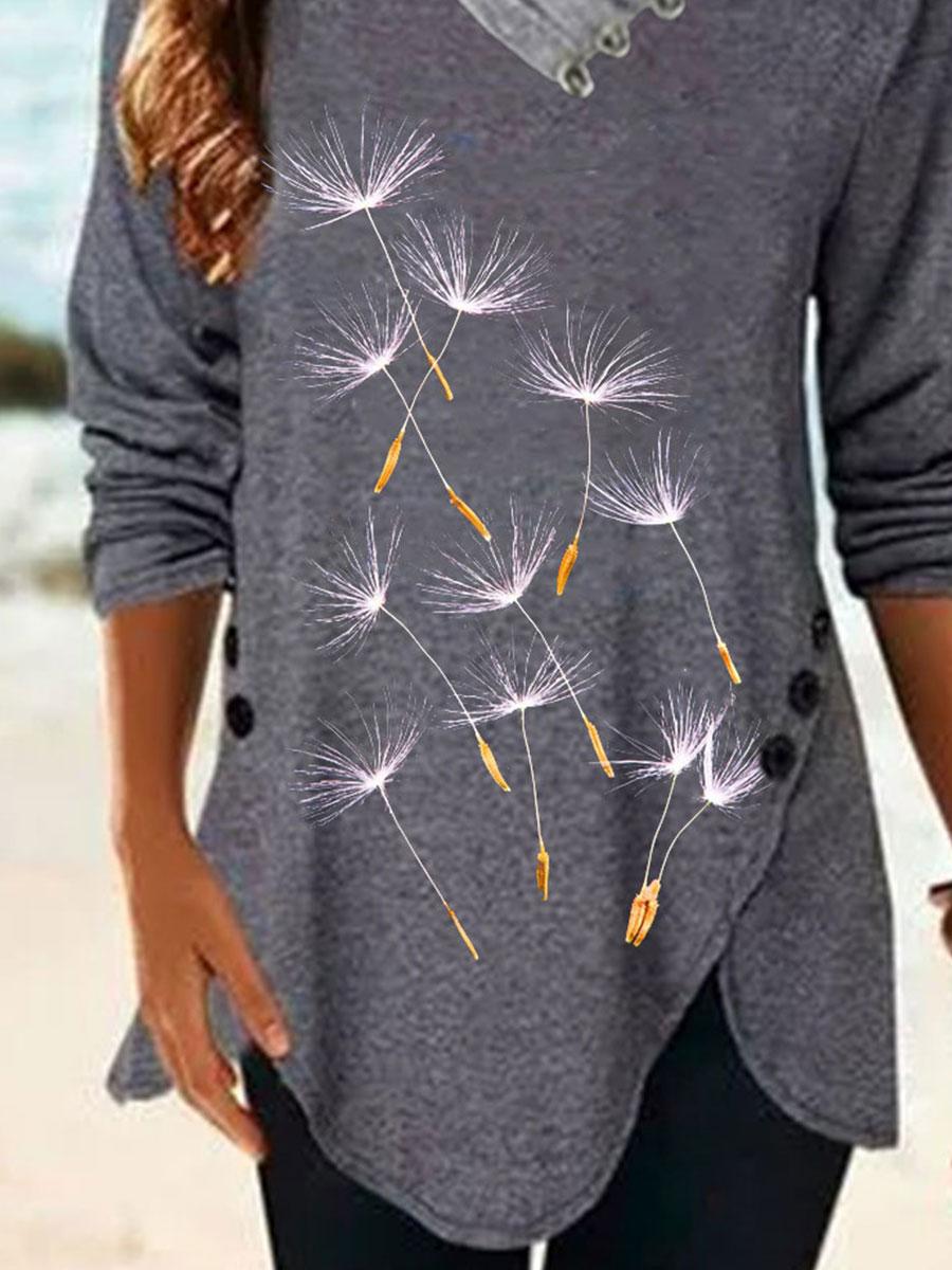 Fashionable Dandelion Print Pile Neck Long Sleeve Casual T-shirt