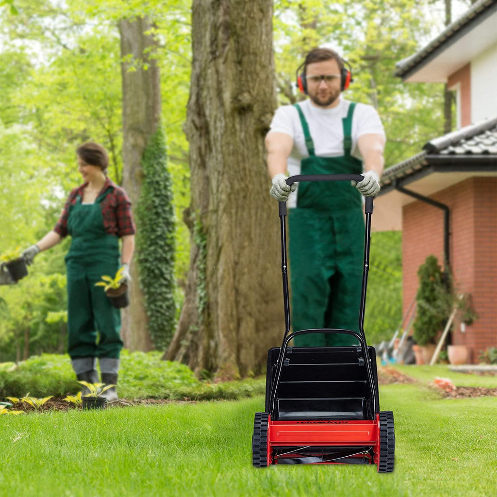 Relaxdays Manual Lawn Mower with Catcher Silent Cutting Height Adjustment 29.5 cm Cutting Width Spindle Mower, Black/Red