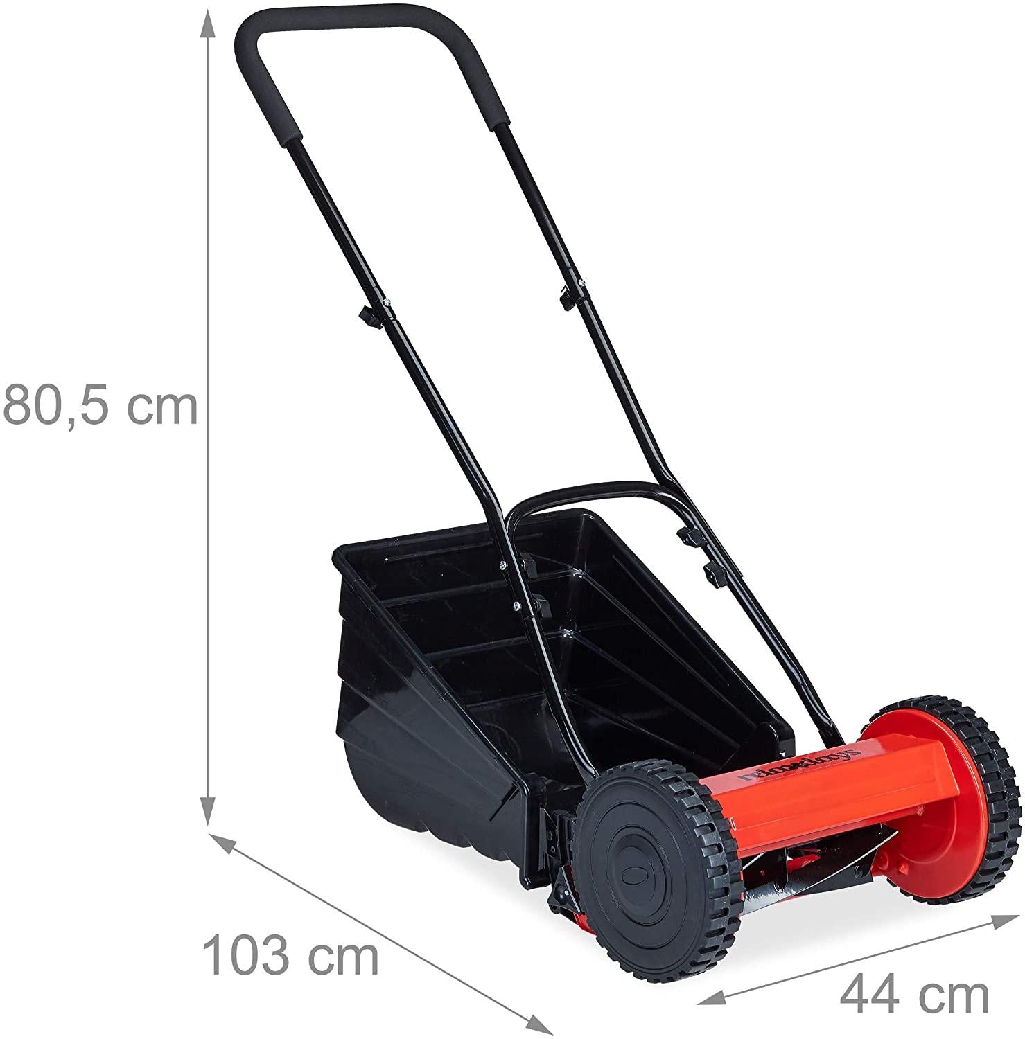 Relaxdays Manual Lawn Mower with Catcher Silent Cutting Height Adjustment 29.5 cm Cutting Width Spindle Mower, Black/Red