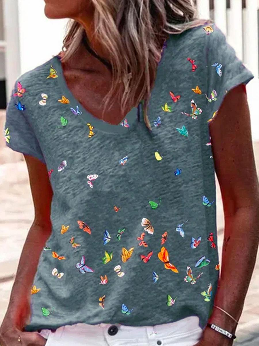V-neck Butterfly Print Loose Short-sleeved T-shirt