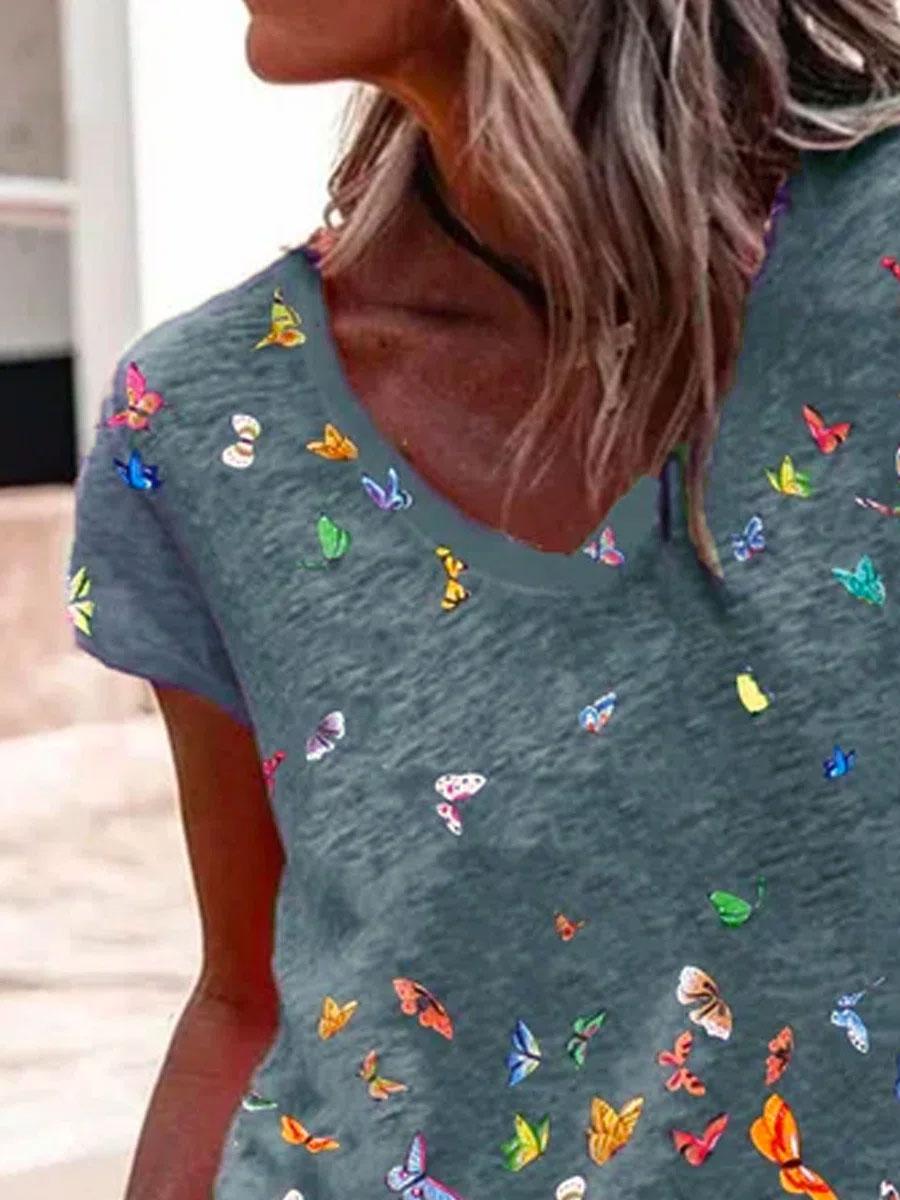 V-neck Butterfly Print Loose Short-sleeved T-shirt