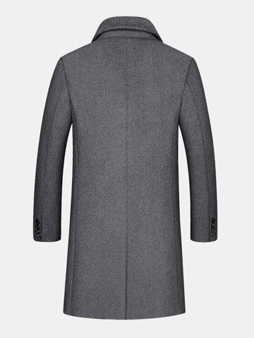 mens woolen pure color button up business casual mid-length overcoats