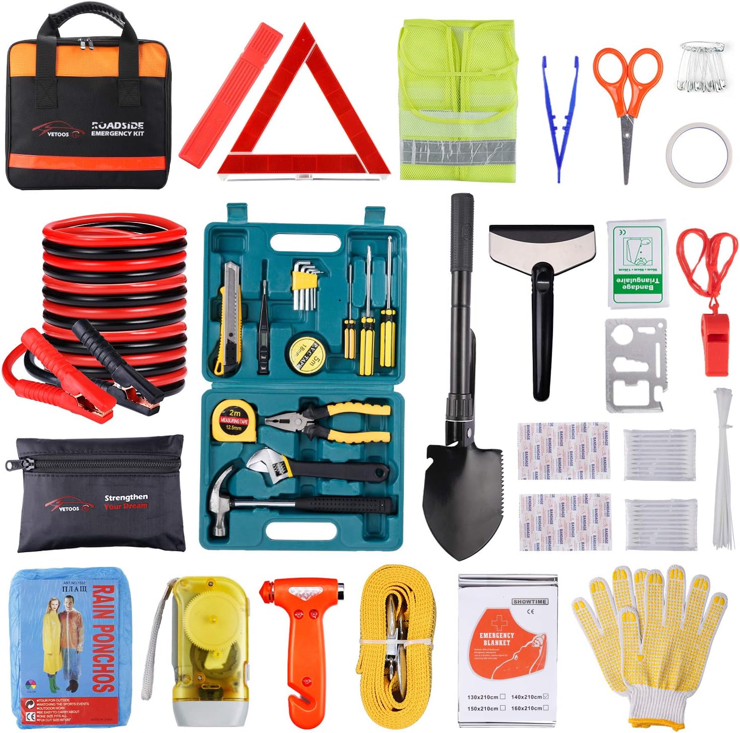 Vetoos Car Roadside Emergency Kit with Jumper Cables, Auto Vehicle Safety Road Side Assistance Kits, Winter Car Kit Essentials for Women and Men, with Car Repair Tool Set, Folding Survival Shovel