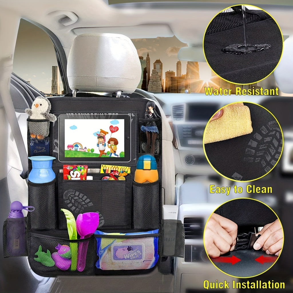 Car Seat Back StoraBag, Waterproof Durable Car Seat Organizer With Clear Screen Tablet Holder, 12 StoraPockets Seat Back Protectors