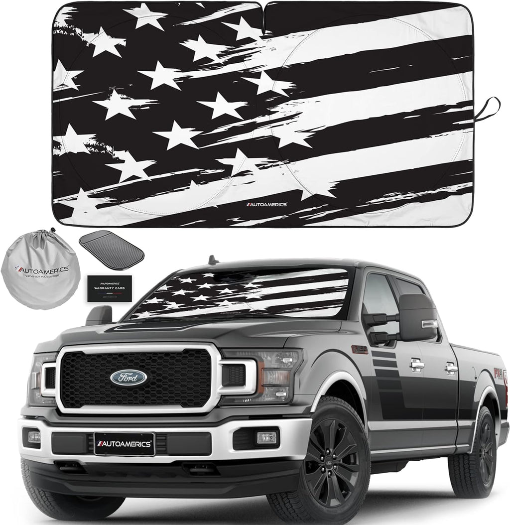 Autoamerics 1-Piece Windshield Sun Shade B&amp;W Art American Flag USA  - Foldable Car Front Window Sunshade for Most Sedans SUV Truck - Blocks Max UV Rays and Keeps Your Vehicle Cool - X-Large