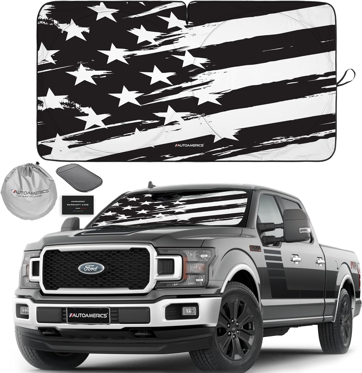 Autoamerics 1-Piece Windshield Sun Shade B&amp;W Art American Flag USA  - Foldable Car Front Window Sunshade for Most Sedans SUV Truck - Blocks Max UV Rays and Keeps Your Vehicle Cool - X-Large