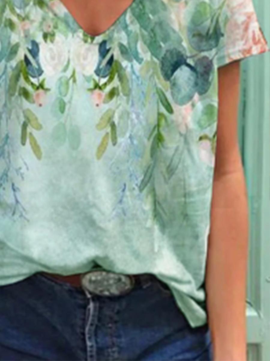 Casual Floral Print V-neck T-shirt