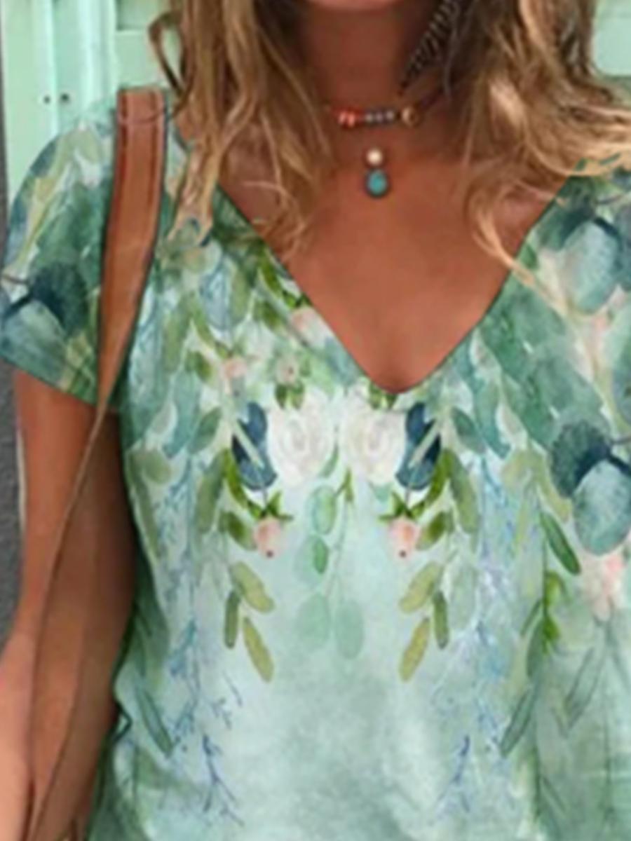 Casual Floral Print V-neck T-shirt