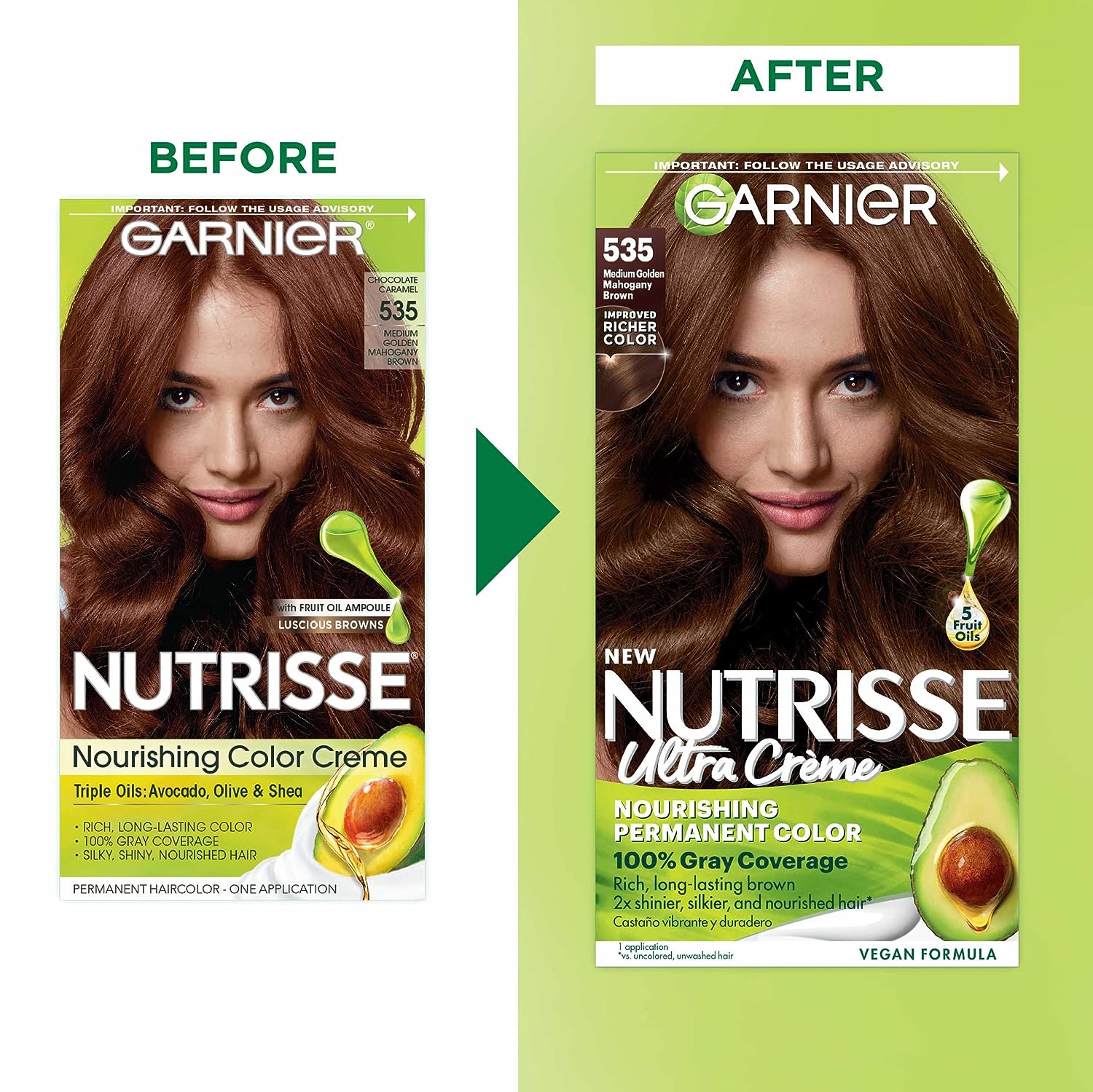 Garnier Hair Color Nutrisse Nourishing Creme, 535 Medium Golden Mahogany Brown (Chocolate Caramel) Permanent Hair Dye, 1 Count (Packaging May Vary)