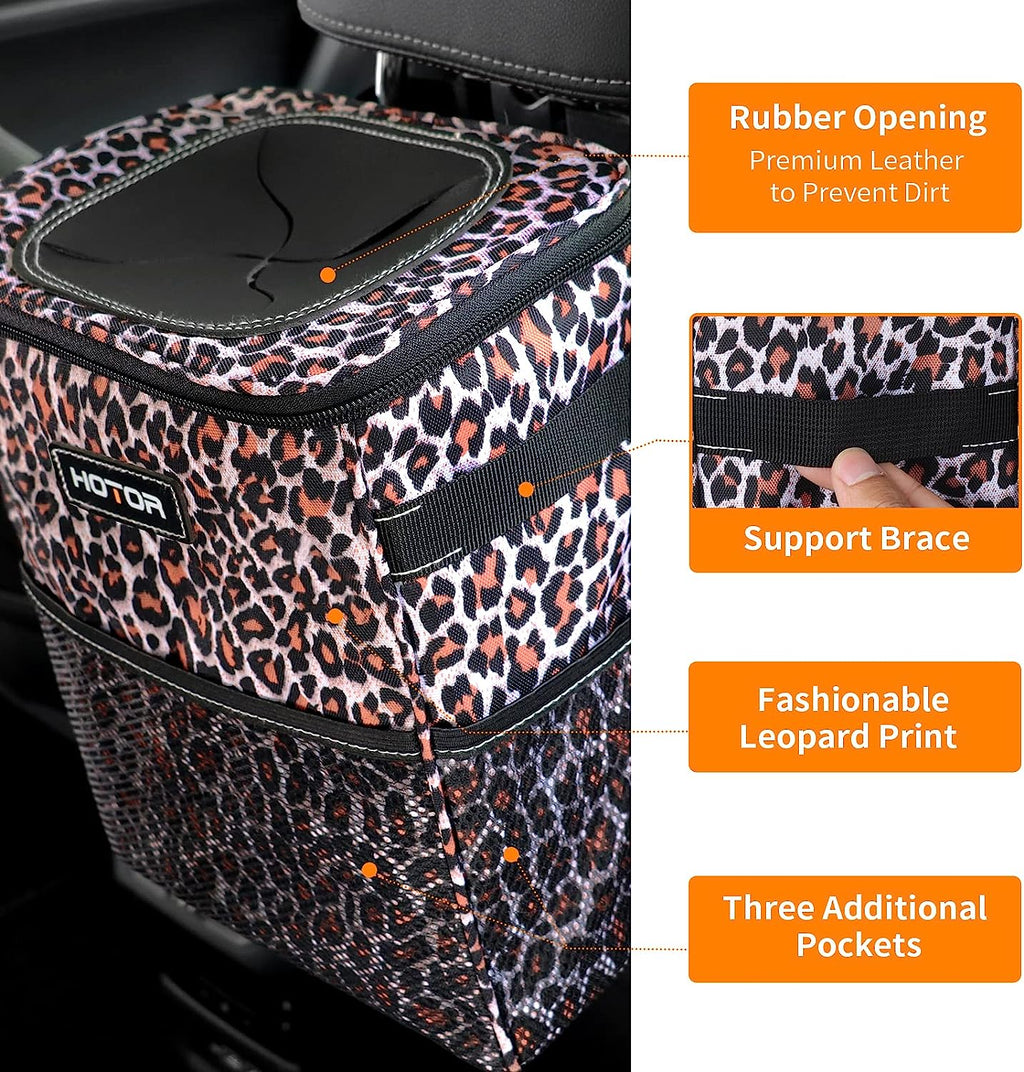HOTOR Car Trash Can, Multifunctional &amp; Fashionable Car Accessory for Interior Use for Women, Waterproof Car Organizer and Storage Bag with Adjustable Straps, Magnetic Buckles (Leopard-Print Brown)