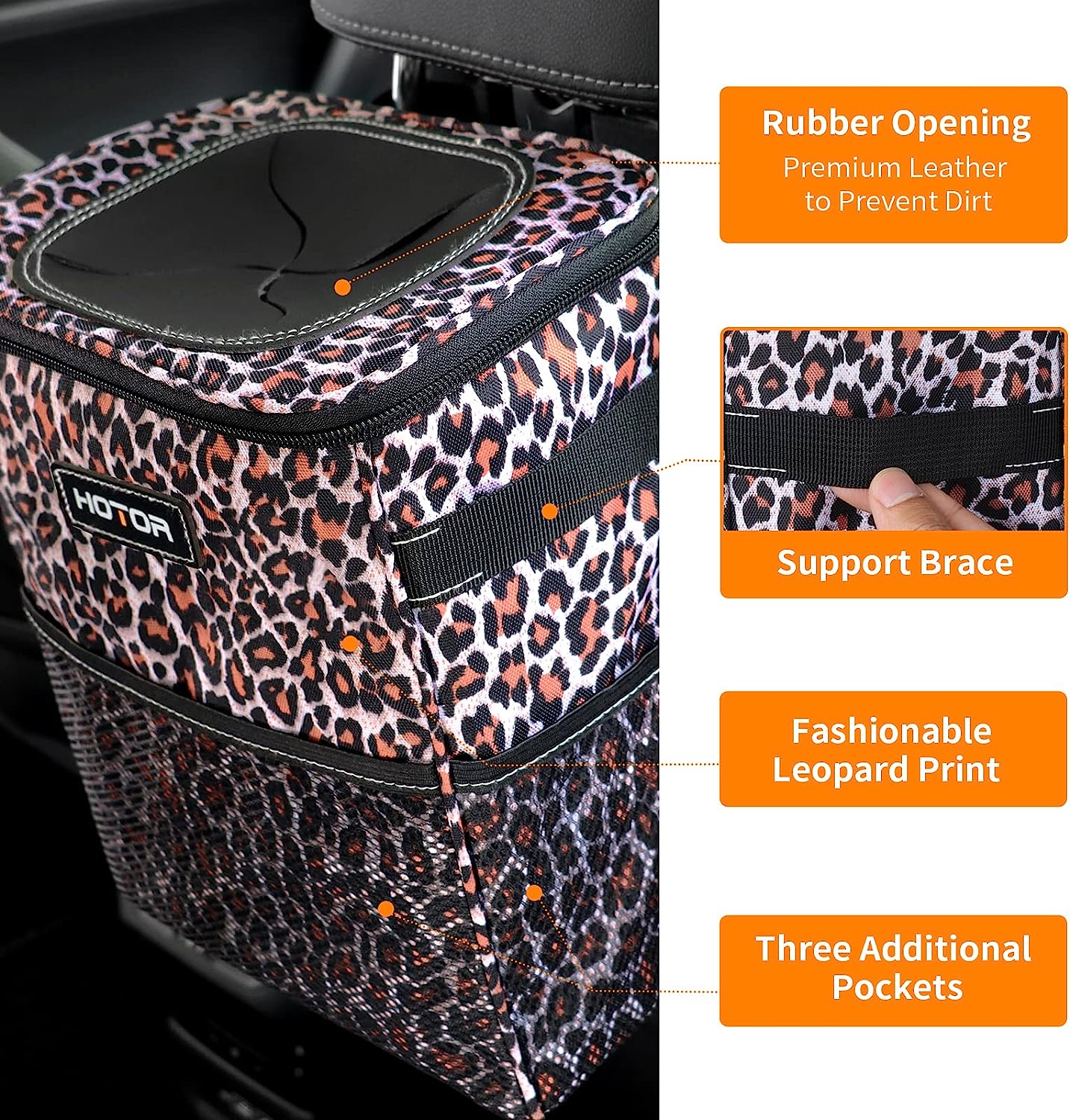 HOTOR Car Trash Can, Multifunctional &amp; Fashionable Car Accessory for Interior Use for Women, Waterproof Car Organizer and Storage Bag with Adjustable Straps, Magnetic Buckles (Leopard-Print Brown)