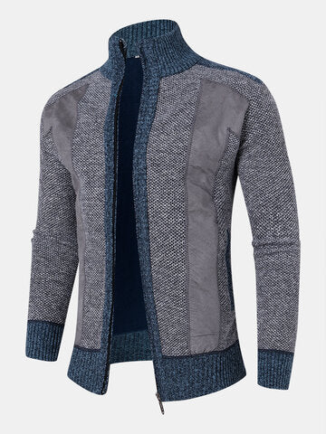 mens contrast stitching stand collar zipper front knitted casual cardigans