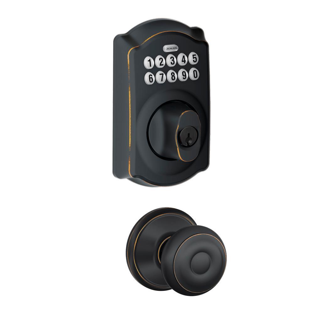 Camelot Keypad Electronic Door Lock Deadbolt and Georgian Knob in Aged Bronze