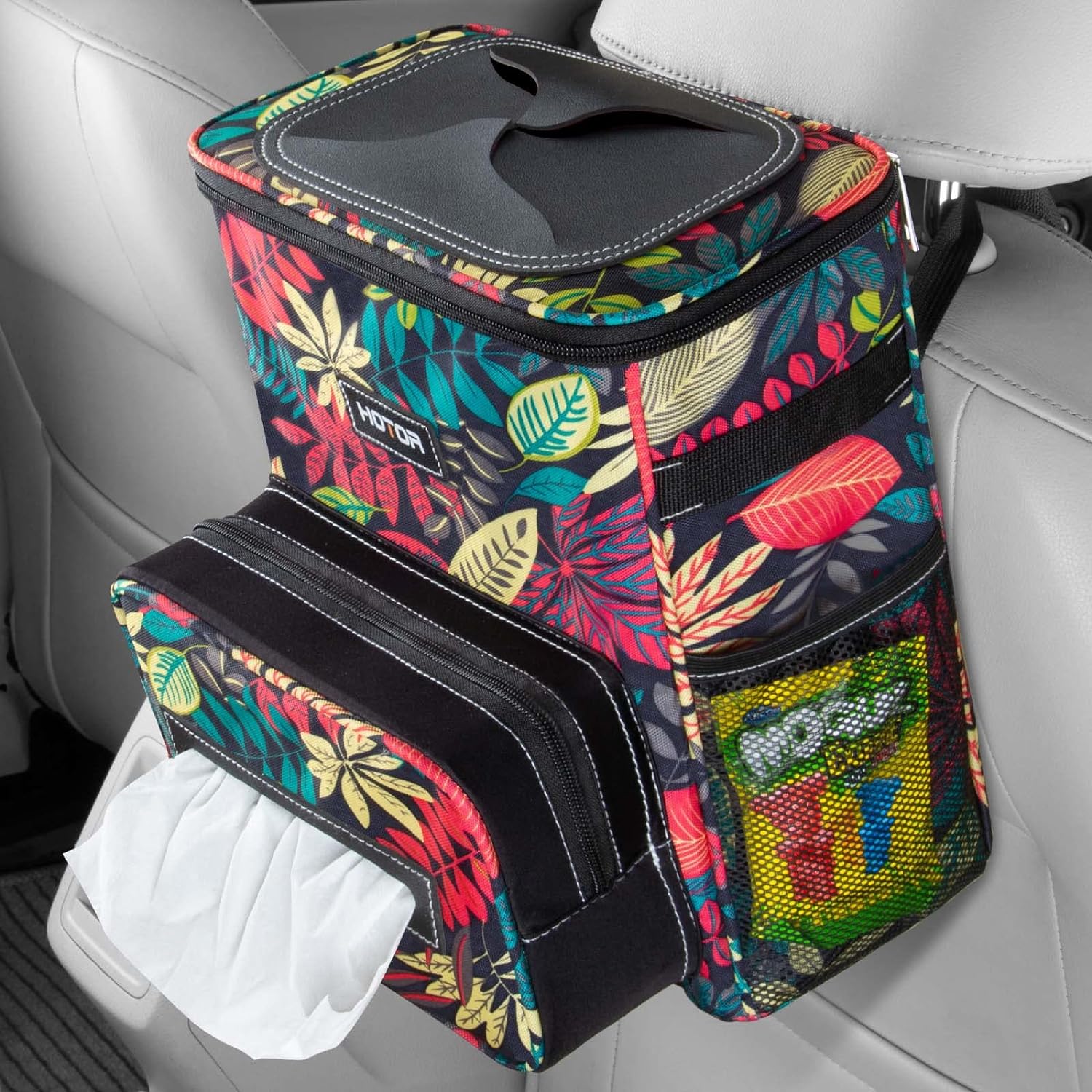 HOTOR Car Trash Can 2.5 Gallon - Handy Car Tissue Holder, Easy-to-Install Car Accessory Interior, Leak-Proof Car Organizer and Storage Bag for the Back/Front/Console of Any Cars, SUVs &amp; Trucks, Leaves