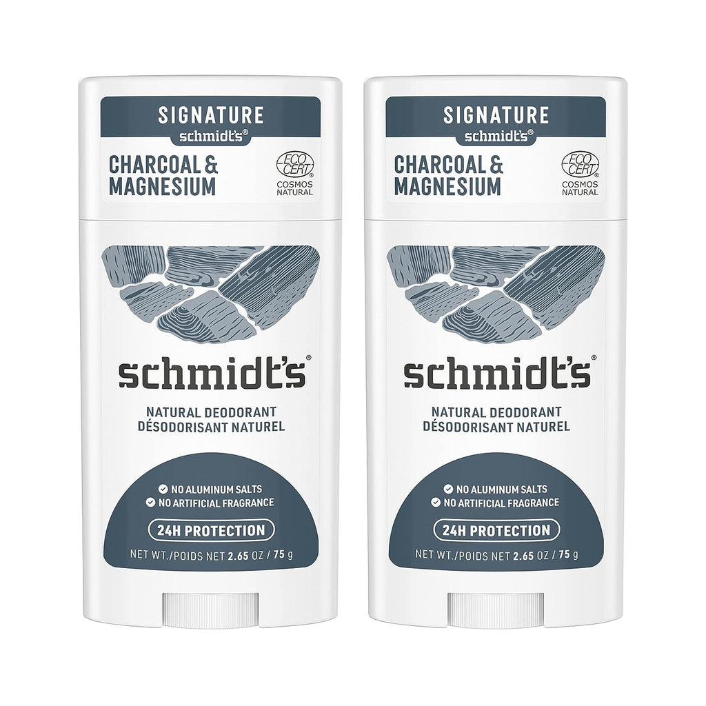 Schmidt's Aluminum Free Natural Deodorant for Women and Men, Charcoal &amp; Magnesium with 24 Hour Odor Protection, Certified Natural, Vegan, Fresh, 2.65 Oz, Pack of 2