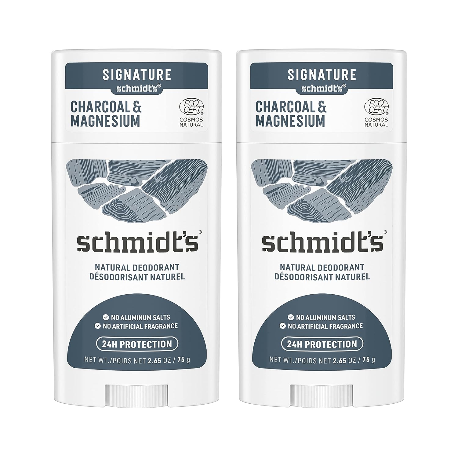 Schmidt's Aluminum Free Natural Deodorant for Women and Men, Charcoal &amp; Magnesium with 24 Hour Odor Protection, Certified Natural, Vegan, Fresh, 2.65 Oz, Pack of 2