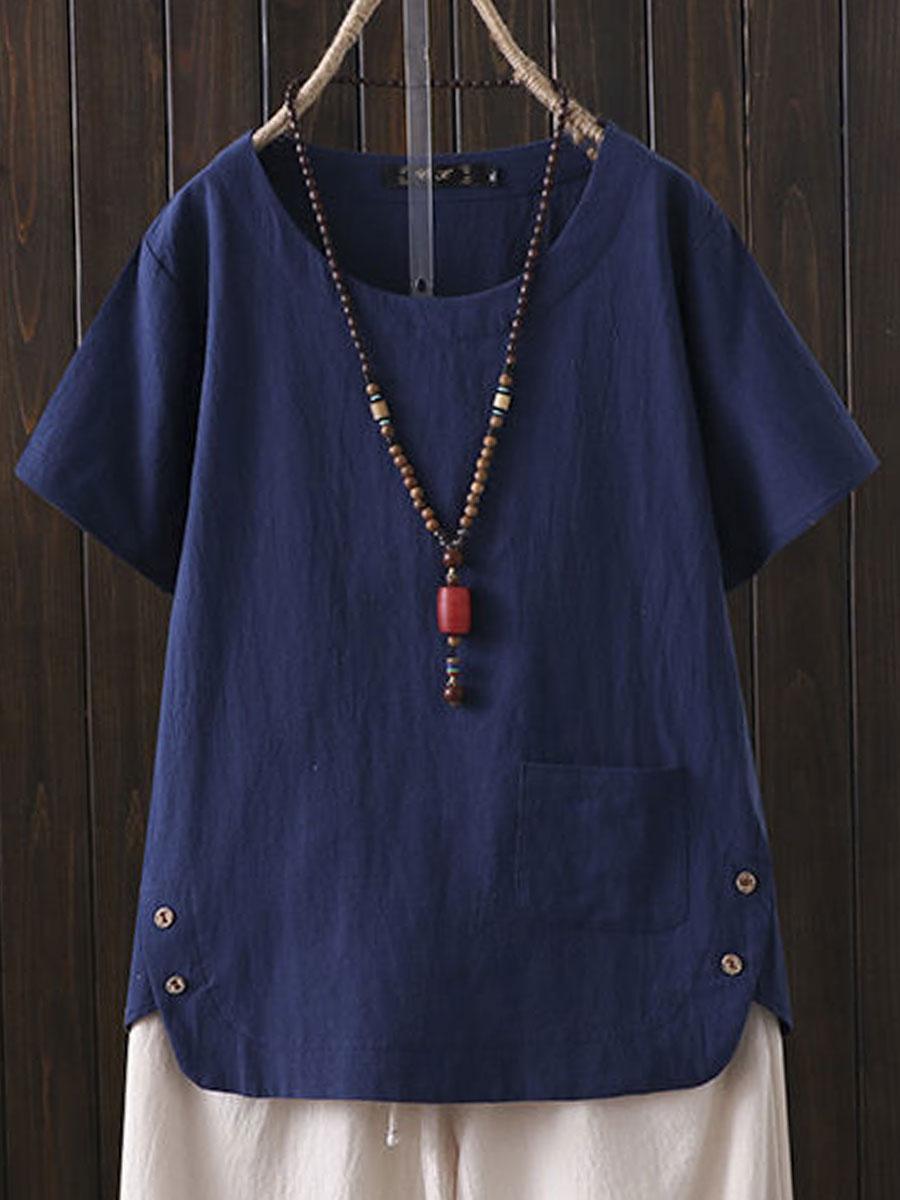 Cotton And Linen Solid Color Short-sleeved Blouse