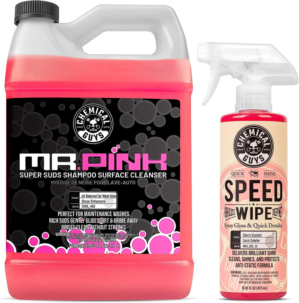 Chemical Guys CWS_402QDSW Car Wash &amp; Quick Detailer Bundle - Mr. Pink Foaming Car Wash Soap, 128 oz (1 Gallon) + Speed Wipe Sprayable Gloss &amp; Quick Detailer, 16 oz (2 Items)
