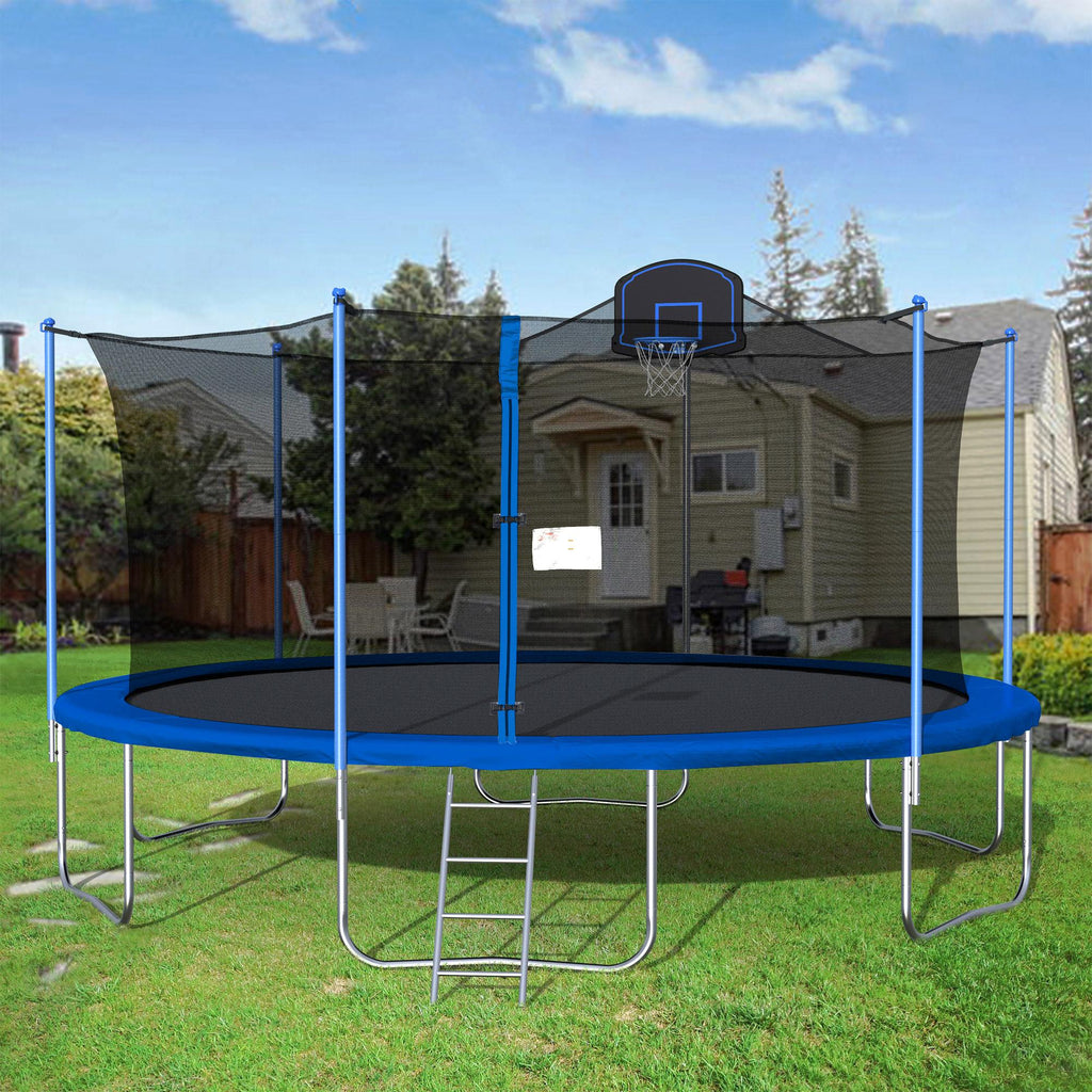 16FT Trampoline, 2021 Upgraded Outdoor Round Trampoline with Safety Enclosure, Basketball Hoop and Ladder, Outdoor Trampoline for Family School Entertainment, Heavy Duty Frame and Coiled Spring, B235