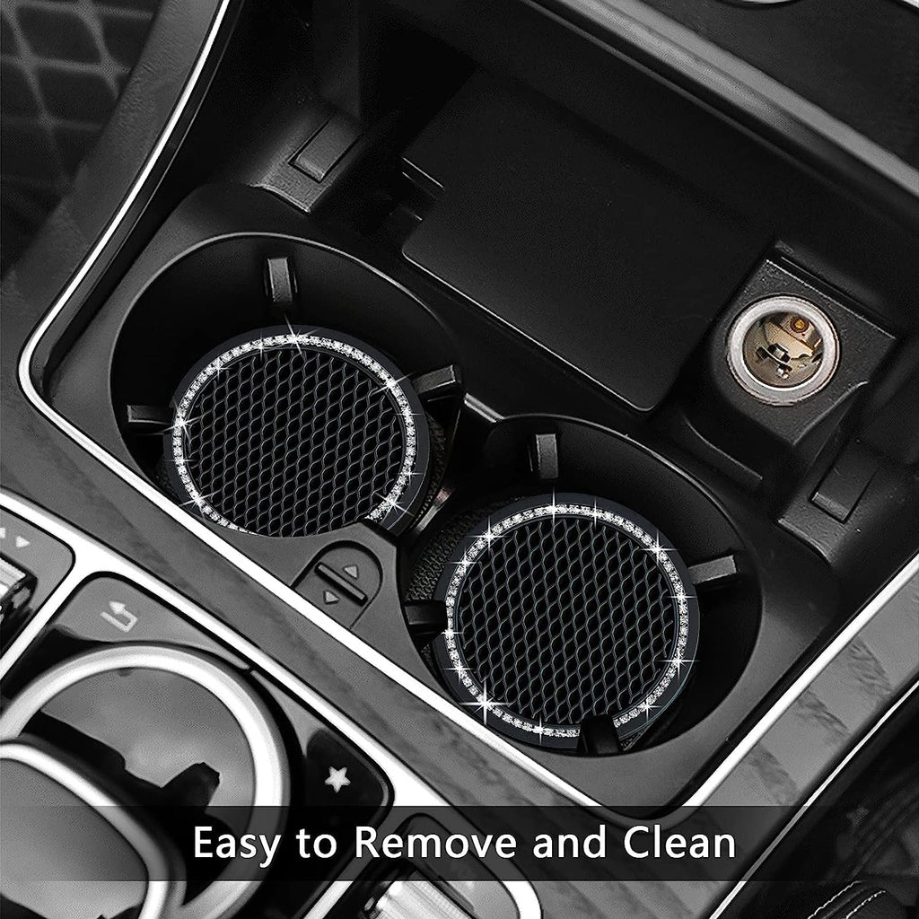 2PCS Bling Car Cup Coaster, 2.75 Inch Auto Car Cup Holder Insert Coasters Silicone Anti-Slip Crystal Rhinestone Drink Car Cup Mat, Universal Vehicle Interior Accessories for Women Girls (Black)